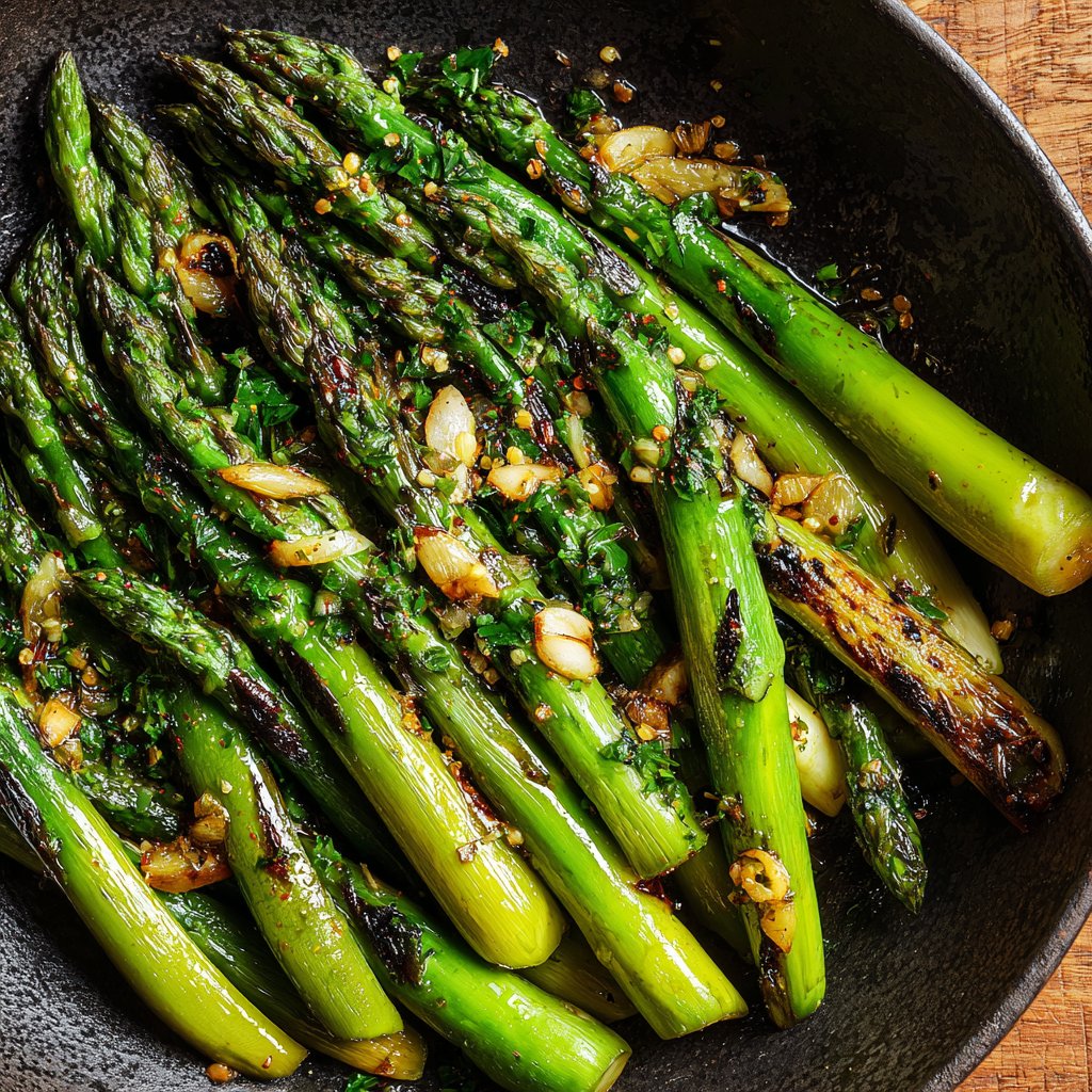 Grüner Spargel Pfanne Knoblauch